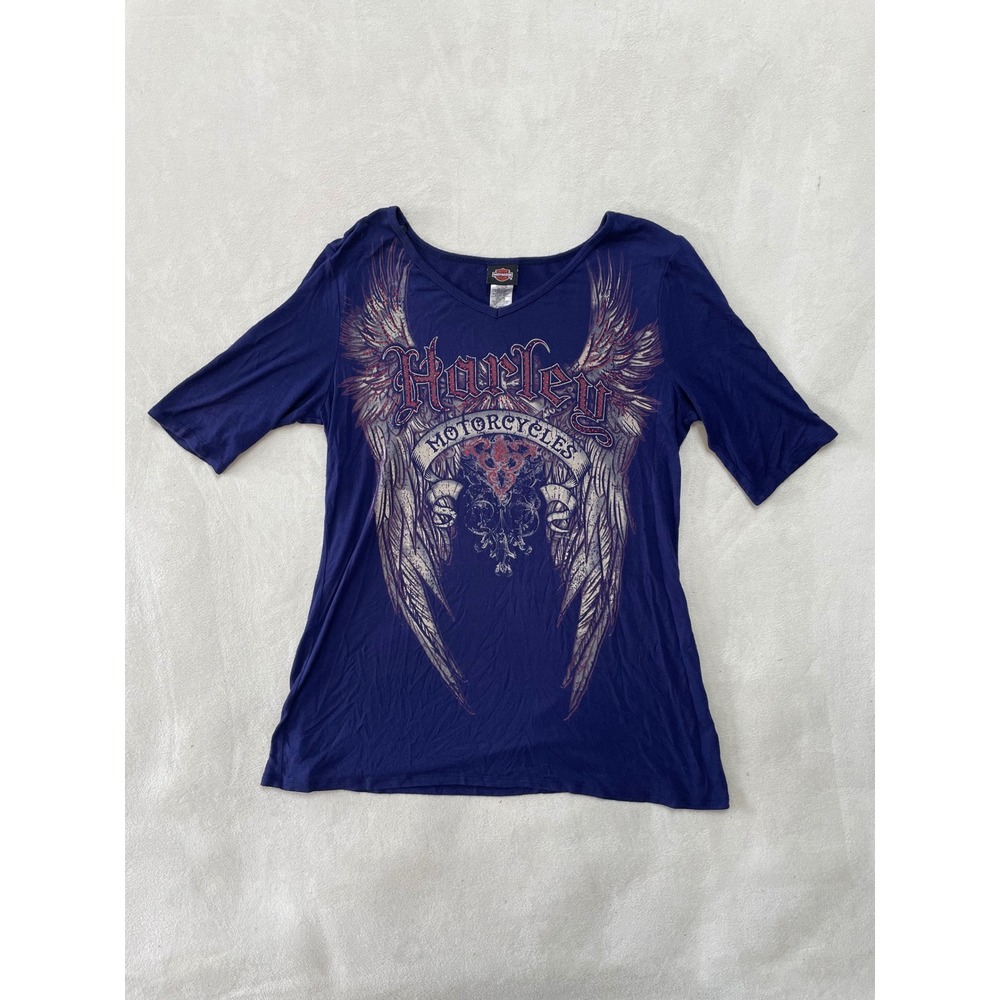 Harley Davidson Women XL Purple Winged Graphic V-Neck 3/4 Sleeve Top San Juan PR